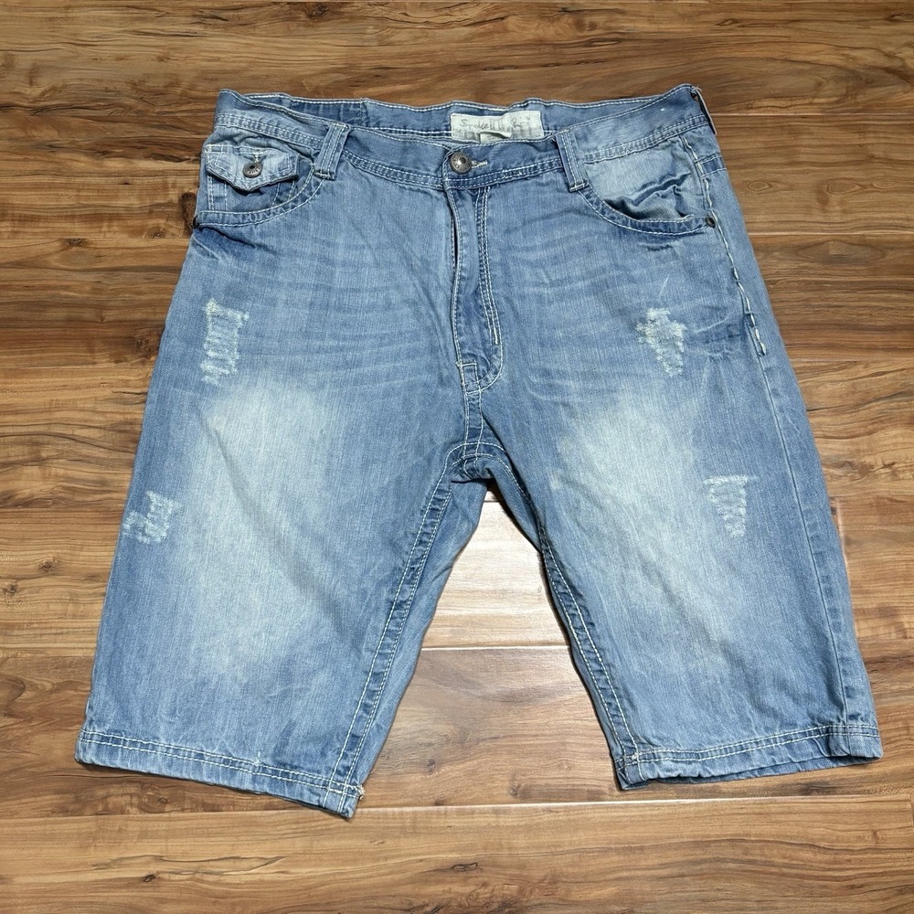 Smoke Rise Denim Shorts‎ Men's 40 Blue Light Wash Distressed Jean Shorts Jorts